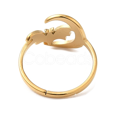Ion Plating(IP) 304 Stainless Steel Moon with Bat Adjustable Ring for Women RJEW-M149-04G-1