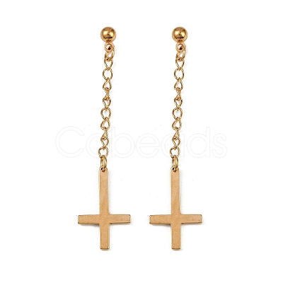 Christian Upside Down Cross 201 Stainless Steel Dangle Stud Earrings EJEW-P314-01B-G-1