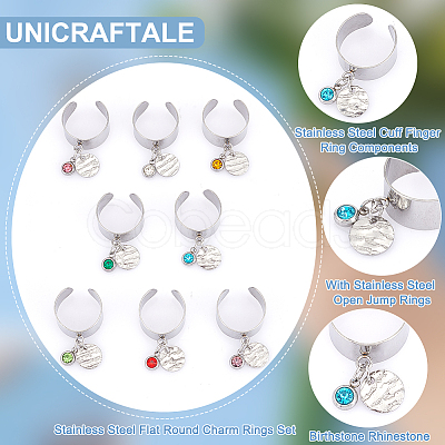 8Pcs 8 Color Birthstone Rhinestone & 201 Stainless Steel Flat Round Charm Rings Set RJEW-AB00004-1