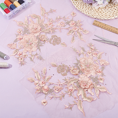 2Pcs Flower Polyester with Plastic Pearl Embroidery Sew on Cloth Patches PATC-HY0002-03A-1