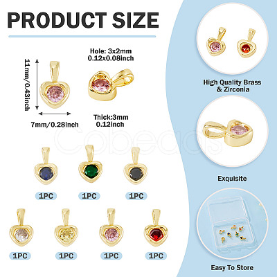 7Pcs 7 Colors Brass with Cubic Zirconia Charms KK-TA0008-37-1