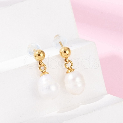 304 Stainless Steel Natural Freshwater Pearl Dangle Stud Earrings EJEW-G423-20G-1