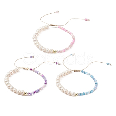 3Pcs 3 Color Glass Seed & Natural Pearl Braided Bead Bracelets Set BJEW-JB09572-1