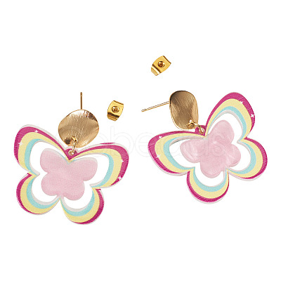 Brass Printing Acrylic Butterfly Dangle Stud Earrings EJEW-TA00672-1