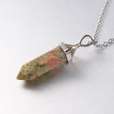 Brass Gemstone Bullet Pendant Necklaces NJEW-JN01042-1