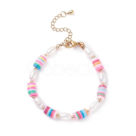 Natural Pearl & Polymer Clay Beaded Bracelet BJEW-TA00084-1