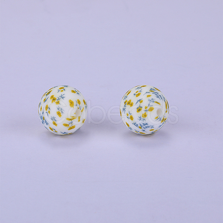 Printed Round with Flower Pattern Silicone Focal Beads SI-JX0056A-165-1