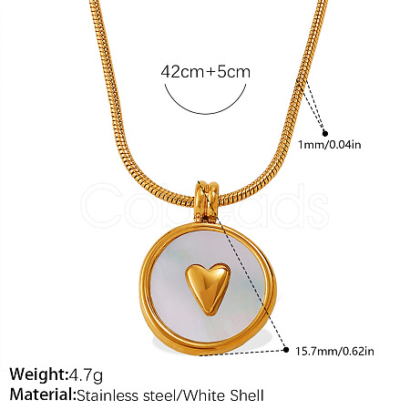 304 Stainless Steel with Natural White Shell Flat Round with Heart Pendant Necklaces for Women WG2F9FE-06-1