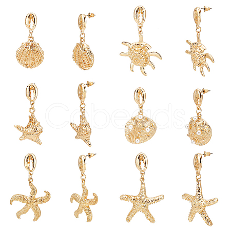 6 Pairs 3 Style Shell & Starfish Steel Asymmetrical Earrings with ABS Imitation Pearl Beaded EJEW-PH0001-15-1