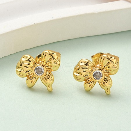 Brass Micro Pave Clear Cubic Zirconia Bowknot Stud Earrings EJEW-A145-02A-G-1