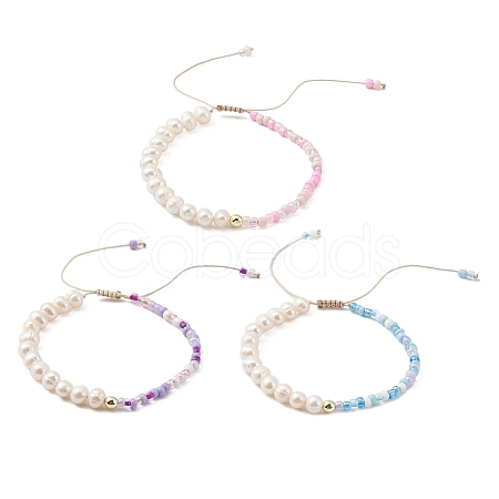 3Pcs 3 Color Glass Seed & Natural Pearl Braided Bead Bracelets Set BJEW-JB09572-1