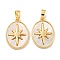 Natural White Shell Pendants, Rack Plating Brass Oval with Star Charms, Real 18K Gold Plated, 19.5x14x2mm, Hole: 2.5x5mm