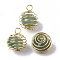 Iron Wrap-around Spiral Bead Cage Pendants, with Natural Green Aventurine Beads inside, Round, Golden, 21x24~26mm, Hole: 5mm