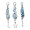 3Pcs 3 Styles Electroplated Natural Quartz Crystal Nuggets Copper Wire Wrapped Pendants, with Brass Moon Star Lightning Bolt, Silver Color Plated, Sky Blue, 43.5~46x7.5~13.5x8~10mm, Hole: 3.5mm, 1pc/style