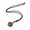 Natural Gemstone Flat Round with Flower of Life Pendant Necklace with Nylon Cord for Women NJEW-P274-02-3