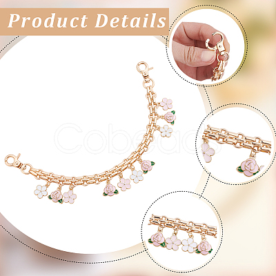 2Pcs Alloy Pink and White Enamel Flower Tassel Bag Decorative Chains AJEW-BBC0001-05-1