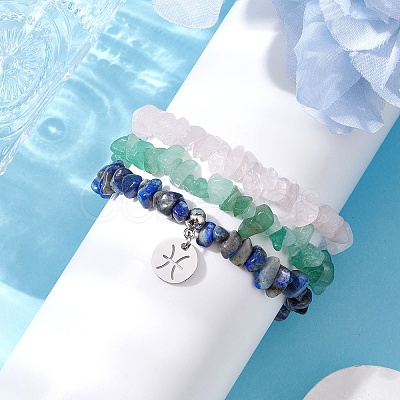 3Pcs 3 Styles Natural Green Aventurine & Rose Quartz & Lapis Lazuli Chips Stretch Bracelets Sets BJEW-JB11076-02-1