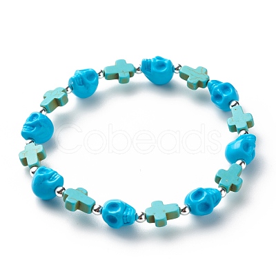 Synthetic Turquoise(Dyed) Cross & Skull Beaded Stretch Bracelet BJEW-JB08452-04-1