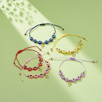 Brass Tiny Cross Charms Braided Beaded Bracelets for Women BJEW-JB08743-1