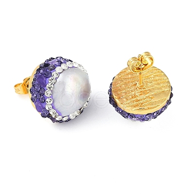 Rack Plating Flat Round Brass With Rhinestone & Natural Pearl Handmade Indonesia Stud Earrings EJEW-U010-02D-G-1