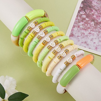 10Pcs 10 Style Handmade Polymer Clay Heishi Beaded Stretch Bracelets Set with Heart BJEW-SW00036-04-1