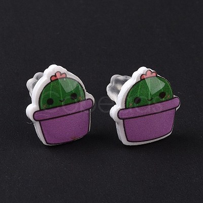 Acrylic Cute Plants Stud Earrings with Plastic Pins for Women EJEW-F293-01D-1