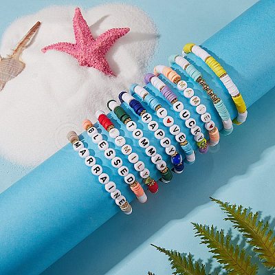 10Pcs 10 Style Encourage Word Polymer Clay Heishi Surfer Stretch Bracelets Set with Heart BJEW-SW00041-1