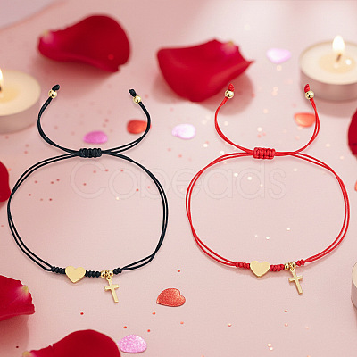 2Pcs Brass Heart & Cross Double Layered Couple Bracelet Set WL1100-3-1