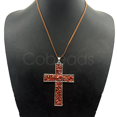 Eco-friendly Zinc Alloy & Natural Chip Red Jasper Handmade Cross Pendant Cord Necklaces for Women Men RL5831-1-1