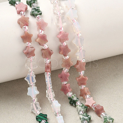 6 Styles Opalite & Synthetic Malachite & Natural Picture Jasper & Rhodonite & Green Spot Jasper & Dragon Blood Jasper Beads Strands G-D095-A03-1