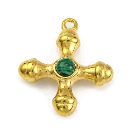 Synthetic Malachite & 304 Stainless Steel Cross Pendants STAS-H221-01G-04-1