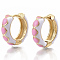 Brass Huggie Hoop Earrings, with Two Tone Enamel, Real 18K Gold Plated, Rhombus Pattern, Pearl Pink, 15.5x16.5x5mm, Pin: 1x1mm