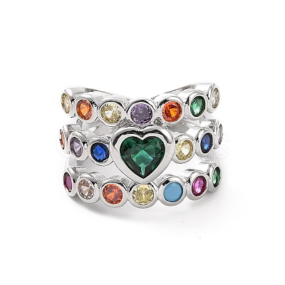 Colorful Cubic Zirconia Heart Open Cuff Ring RJEW-C061-03P-1