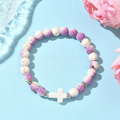 6Pcs 6 Colors Baking Paint Synthetic Turquoise Round & Cross Beads Stretch Bracelets for Men Women BJEW-JB12339-1