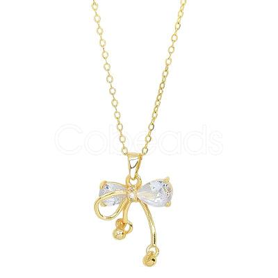 Brass Pave Clear Cubic Zirconia Bowknot Pendant 304 Stainless Steel Cable Chain Necklaces for Women WGC29E2-01-1