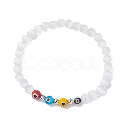 Cat Eye & Handmade Evil Eye Lampwork Round Beaded Stretch Bracelets for Women BJEW-JB12289-03-1