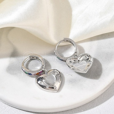 Brass Micro Pave Cubic Zirconia and Cat Eye Beads Heart Hoop Dangle Earrings KK-CBAD9DF-01P-D-1