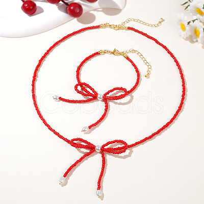 Glass Seed Beaded Bowknot Bracelet & Necklace Set ZN6735-2-1