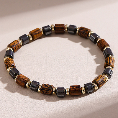 Synthetic Non-magnetic Hematite & Wood Beads Stretch Bracelets for Men WG9F2CA-02-1