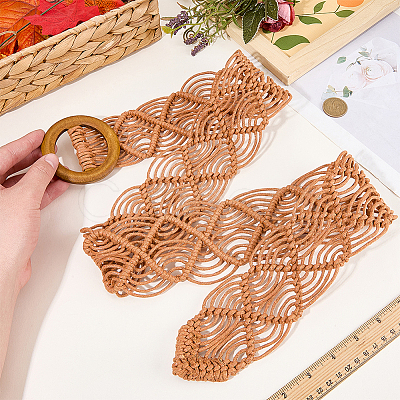 Cloth Woven Rhombus with Wood Chain Belts for Women AJEW-WH20019-125A-1