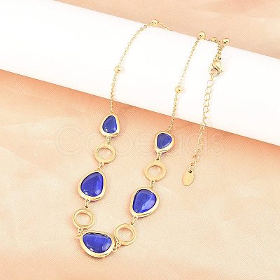 304 Stainless Steel Blue Glass Teardrop Ring Link Chian Necklaces for Women NJEW-D326-03G-1