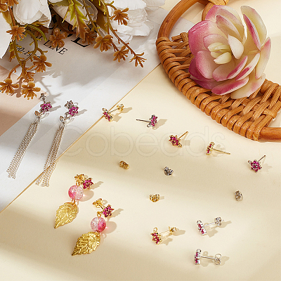 6 Pairs 2 Colors Brass Micro Pave Cubic Zirconia Stud Earring Findings ZIRC-BBC0003-24B-1