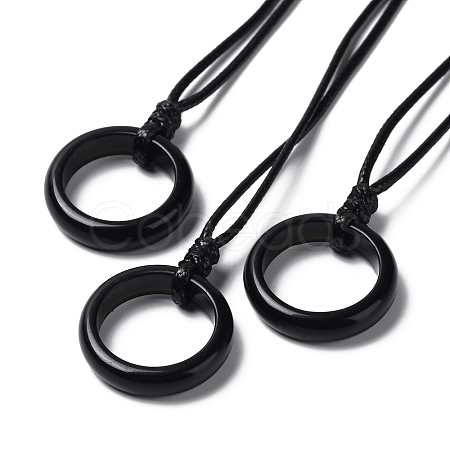 Natural Obsidian Ring Pendant Necklace with Waxed Cords NJEW-R262-01A-10-1