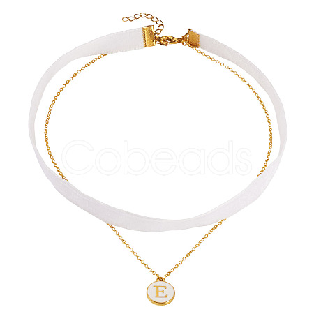 Alloy Enamel Letter Pendant Single Face White Velvet Ribbon & Brass Chain Double Layered Choker Necklaces NJEW-TAC0034-1