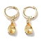 Real 18K Gold Plated Brass Dangle Hoop Earrings, with Glass, Teardrop, Goldenrod, 26x6mm