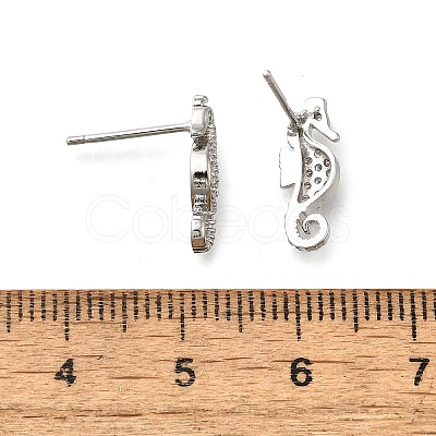Sea Horse Brass Micro Pave Cubic Zirconia Ear Studs EJEW-D304-38P-1