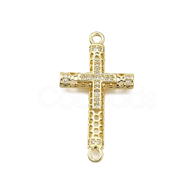Brass Micro Pave Clear Cubic Zirconia Religion Cross Connector Charms KK-Z100-22G-05-1