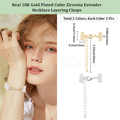4Pcs 2 Colors Brass Micro Pave Clear Cubic Zirconia Ends with Chains FIND-BBC0005-22A-1