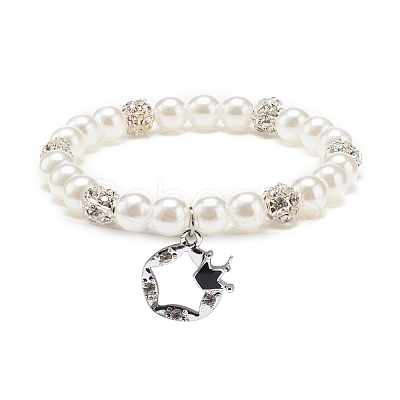 ABS Plastic Imitation Pearl & Rhinestone Beaded Stretch Bracelet with Alloy Charm for Women BJEW-JB08526-01-1