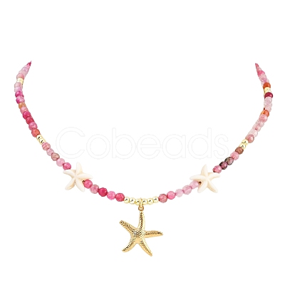 Synthetic Turquoise & Dyed Natural Agate Faceted Round Beaded Starfish 304 Stainless Steel Pendant Necklaces for Women NJEW-JN05458-01-1
